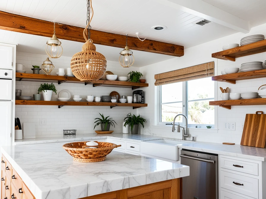 White kitchen with wood accents in San Clemente