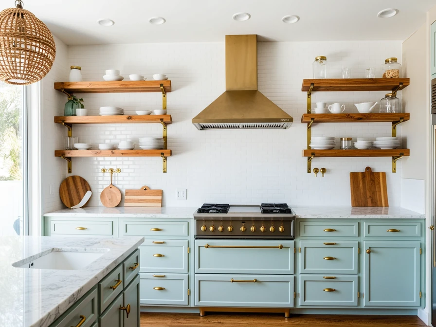 Coastal kitchen with seafoam cabinets in Laguna Beach